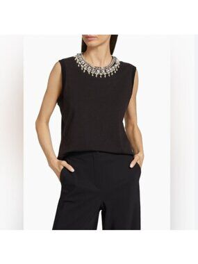 Cinq A Sept Brielle Blouse Womens XS Black Beaded Rhinestone Neck Knit Top